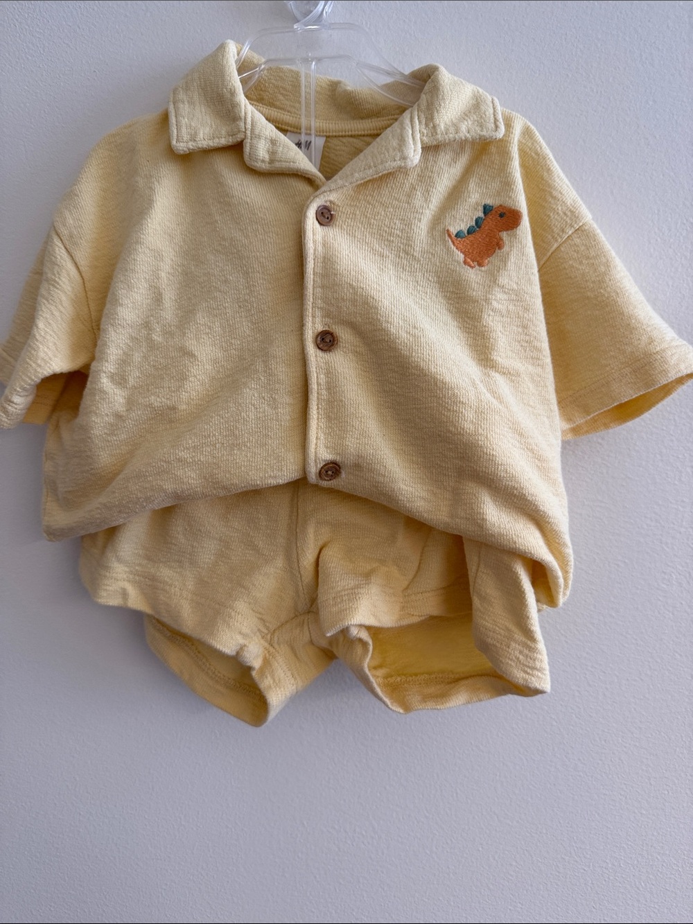 H&M Pale Yellow Terry Two-Piece Set with Orange Dino Patch